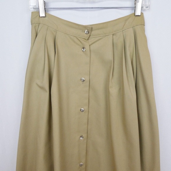 Vintage Pleated Button Front Below Knee Midi Skirt Sz S Khaki Tan Beige Twill - Picture 2 of 10